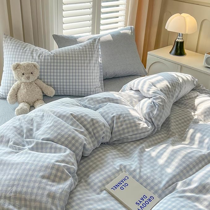 LifeTB Blue Gingham Comforter Set Full Size Modern Style Blue Plaid Comforter Set 3 Pieces Grid Checkered Pattern Comforter Fluffy Soft Farmhouse Gingham Bedding Comforter with 2 Pillowcases