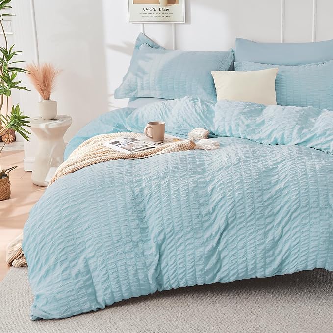 HYMOKEGE Lake Blue Queen Comforter Set Seersucker 7 Pieces, All Season Luxury Bed in a Bag for Bedroom, Bedding Set with Comforters, Sheets, Pillowcases & Shams