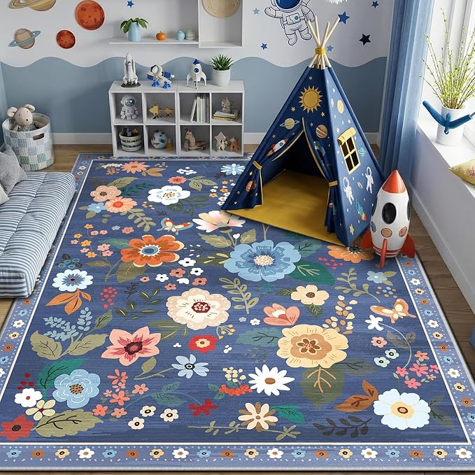 RELEANY Floral Washable 8x10 Area Rugs Blue/Grey | Flower Carpet, Print, Boho, Non-Slip, Easy to Clean, Soft, Low Pile for Living Room Bedroom Kitchen Office Entryway Hallway
