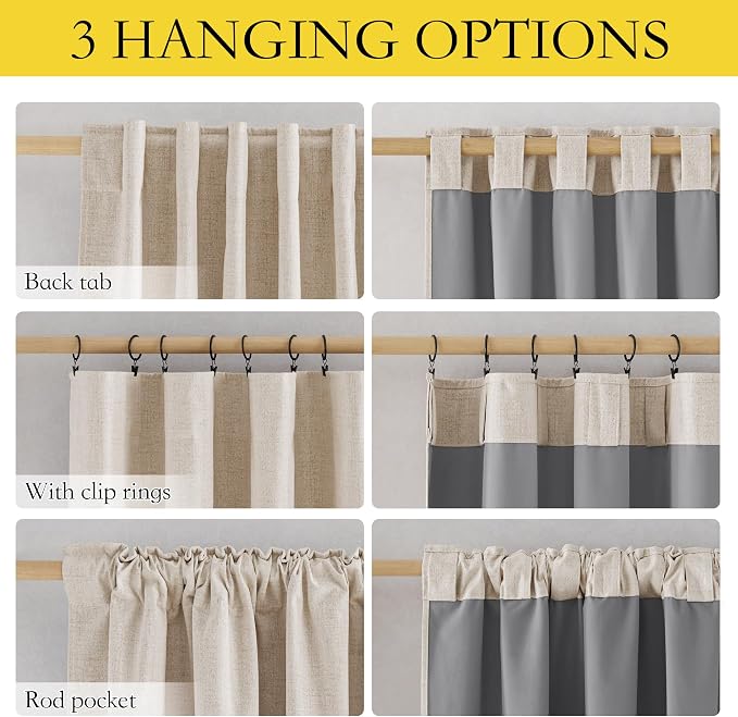 NICETOWN 102 inch Blackout Linen Curtains for Bedroom 2 PCs, Beige | Thermal Insulated, Farmhouse Style, Room Cooling Window Draperies for Dining Room, Bedroom for Daytime Sleep, W52" x L102"