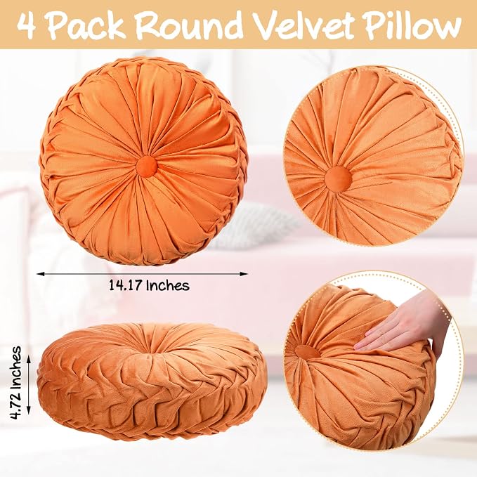 Kathfly 4 Pcs Round Throw Pillows Velvet,Orange, Yellow, Pink, Green | Pleated Pumpkin Design, Soft Velvet Fabric for Bed Sofa Chair, 14 Inch Diameter Floor Cushion, Elegant Home Decor Accent