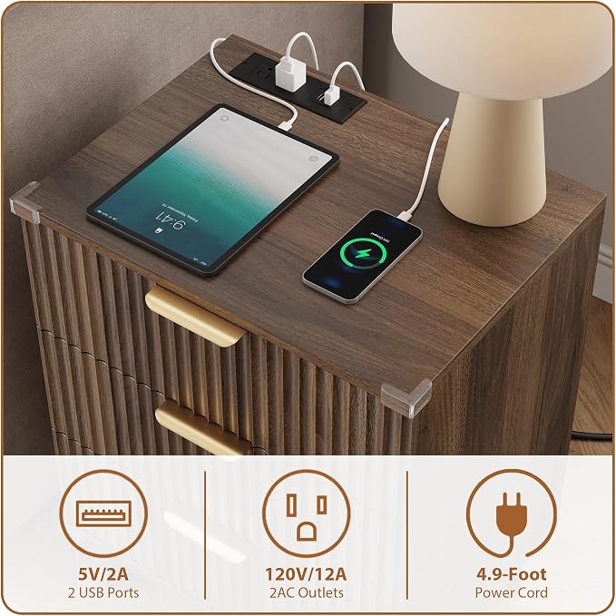 Lulive Wood Bedside Table w/Charging Station, 3 Drawers Fluted Dresser | Walnut, Large Drawers, Metal Silent Rails, FSC Wooden, Sturdy Legs, Modern Fluted Panel, Living Room, Bedside Table
