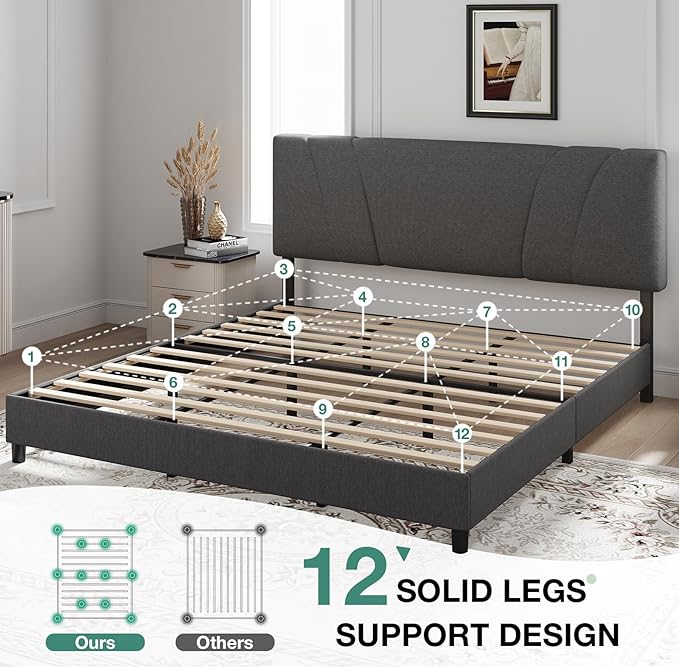 Novilla King Bed Frame and Headboard, Linen Upholstered King Size Bed Frame with Wood Slats Support, No Box Spring Needed, Heavy Duty Feet, Easy Assembly, Grey