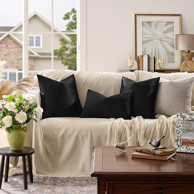 GIGIZAZA Black Velvet Pillow Covers 18x18 Decorative Pillows Pack of 2 | Throw Pillows for Couch Sofa,280gsm Soft Textured Fabric,Modern Square Pillowcases,Luxury Cushion Covers