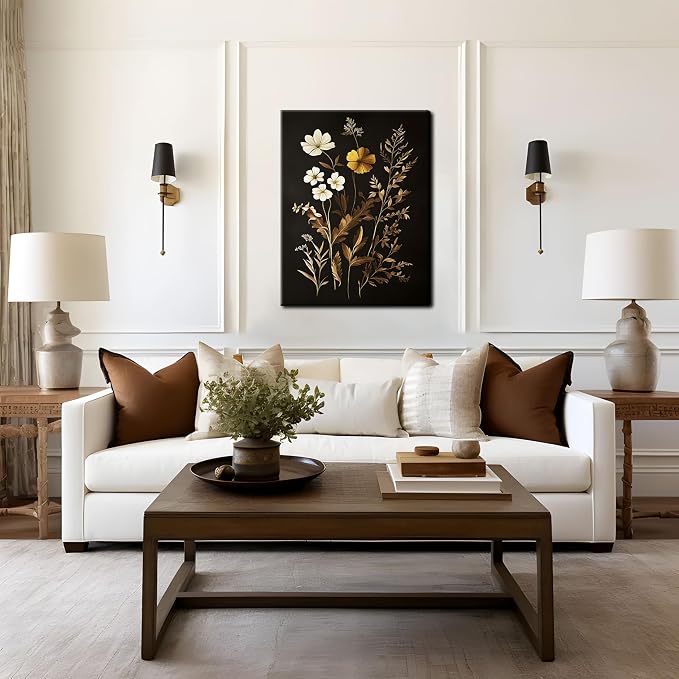 Vintage Black Flower Wall Art Decor Set of 3, Beautiful Wildflower Botanical Canvas Prints, Dark Academia Fall Floral Poster Painting Picture for Bedroom Living Room 16x24 Inch Framed