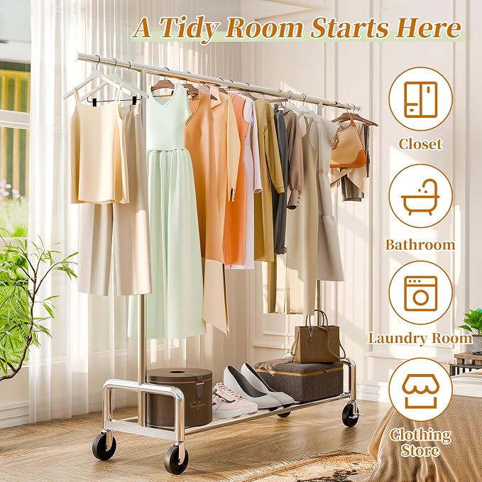 Simple Trending Rolling Clothes Rack, Heavy Duty Garment Rack, Chrome | Metal Clothing Rack, 360° Lockable Wheels, Extendable, Load 500LBS, Bedroom, Laundry Room