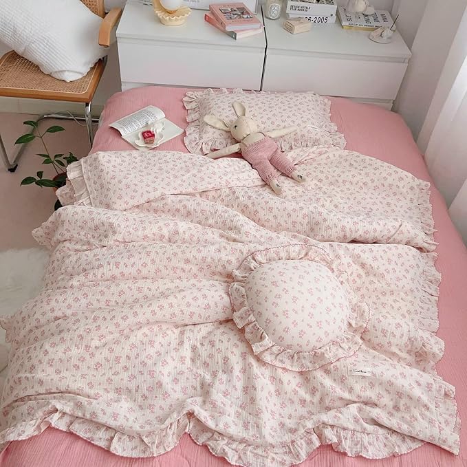 Girls Baby Duvet Cover Pink Flower Duvet Covers Muslin Cotton Toddler Kids Duvet Cover Quilted Protector, 47"x59", Galsang Print (No Filling)