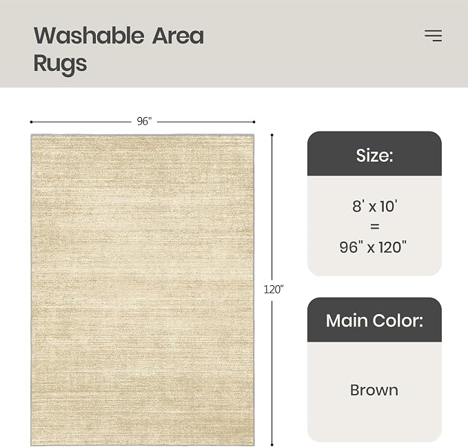 8x10 Area Rugs for Living Room, Large Washable Rug Non Slip, Tan | Soft Low Pile, Thin & Lighweight Carpet, Folable Stain Resistant Modern Indoor Floor Mat for Bedroom, Dining Room, Home Decor