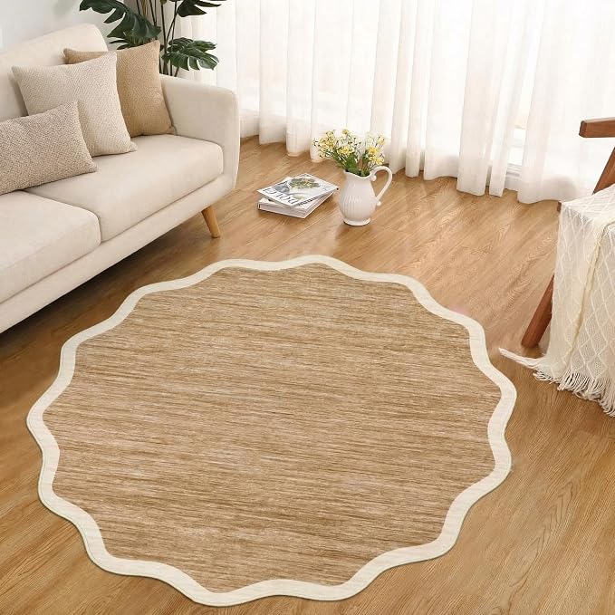 GarveeHome Scalloped Washable Round Rugs 4ft Non-Slip Soft Ultra-Thin | Small Boho Circle Stain Resistant Low Pile Carpet for Entryway Kitchen Bedroom Nursery Bathroom
