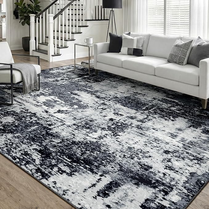 RELEANY Washable 6'x9' Abstract Area Rug for Living Room Black White | Carpet for Bedroom, Kitchen, Office, Hallway and Entryway, Printed Pattern, Non‑Slip, Soft, Stain‑Resistant, Easy to Clean