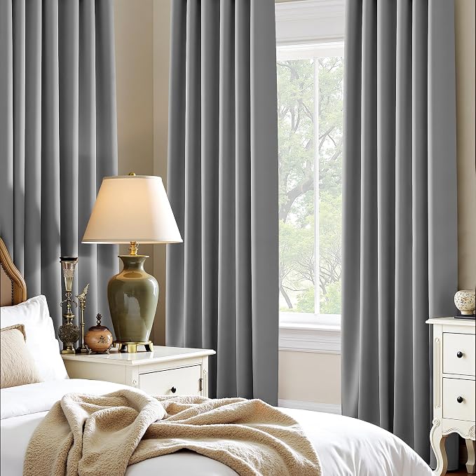 PONY DANCE Short Black Out Curtains 48 inch Long for Small Window, Rod Pocket Privacy Bathroom Draperies,Thermal Insulated Lighting Blocking Drapes for RV(2 Panels Set, Silver Grey, W42 x L48 inches)
