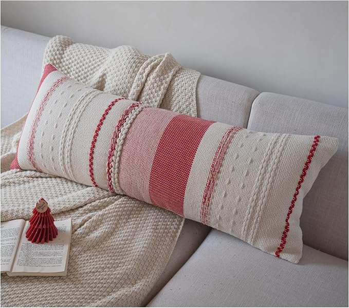 Christmas Lumbar Pillow Covers 14x36 Inch Long, Red Textured Boho Christmas Decoration Pillow Cases for Farmhouse Home Decor, Accent Cushion Cover for Sofa, Bed, Living Room, Bedroom, Pack of 1