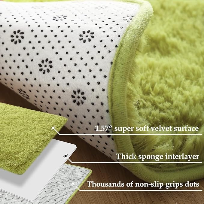 Soft Modern Indoor Large Shaggy Rug for Livingroom Bedroom Dorm Kids Room Home Decorative, Non-Slip Plush Fluffy Furry Fur Area Rugs Comfy Nursery Accent Floor Carpet 3x5 Feet, Green