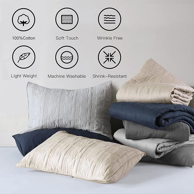 HORIMOTE HOME 100% Cotton Quilt Set Queen Size, Dark Grey Pre-Washed 3-Piece Bedspread Coverlet Set, Cozy Lightweight Stitching Bedding Cover with 2 Shams in Geometric Pattern for All Season
