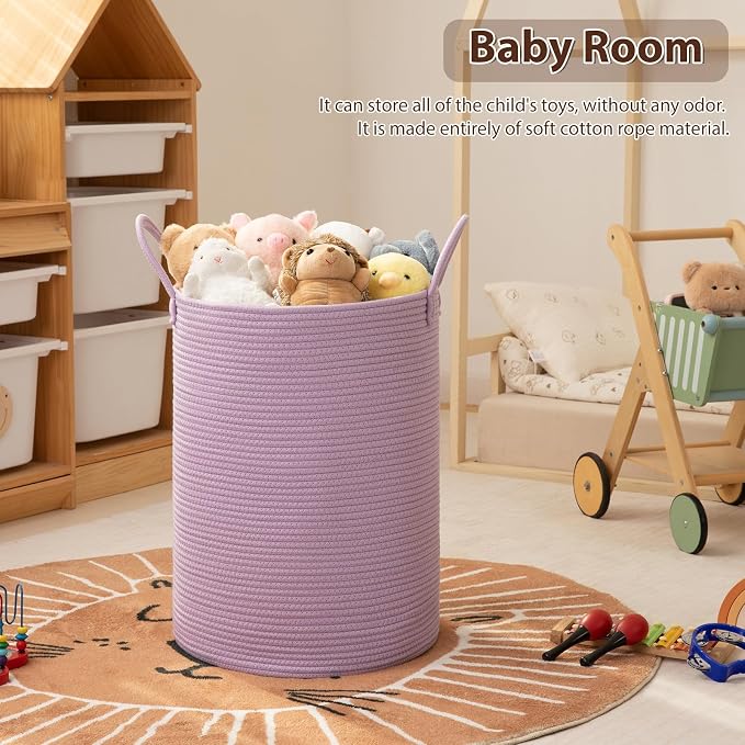 OIAHOMY 60L Nursery Hamper Laundry Basket Laundry Hamper Purple | collapsible Blanket Basket Cotton Rope Woven Basket Dirty Clothes Hamper Baby Hamper Tall Clothes Hamper with Handles