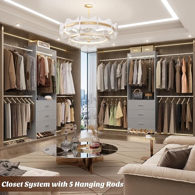 Aheaplus Closet System, 4.2-9Ft Closet Organizer with with 4 Rods, Grey | for Walk in Closet, Wardrobe Clothes Rack with Wooden Drawers, Garment Rack