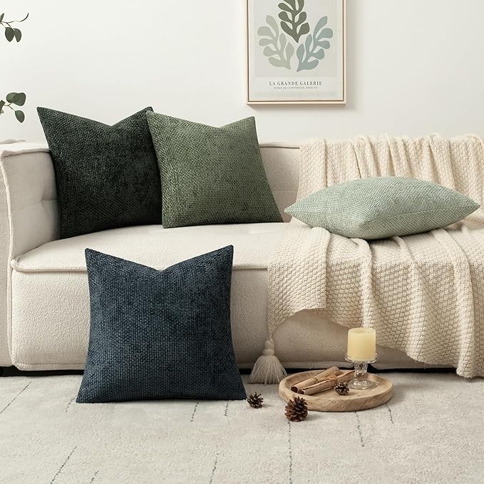 MIULEE Soft Decorative Chenille Pillow Covers Green Navy 20x20 Pack of 4 | Nordic Home Decor, Moody Green–Navy Set, Couch Throw Pillows, Farmhouse Boho Cushion Covers for Sofa Bed Living Room