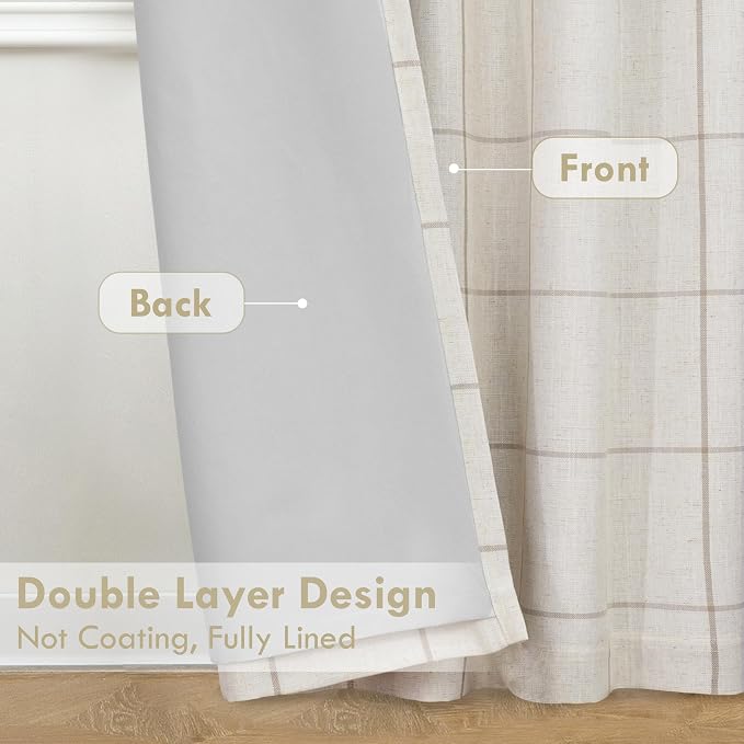 DriftAway 100% Blackout Plaid Linen Curtains 108 Inches Long 2 Panels Taupe | 100% Blackout, Linen Texture, Plaid Pattern, Two Layers, Rod Pocket & Back Tab, Bedroom Living Room Use, Luxury Appearance