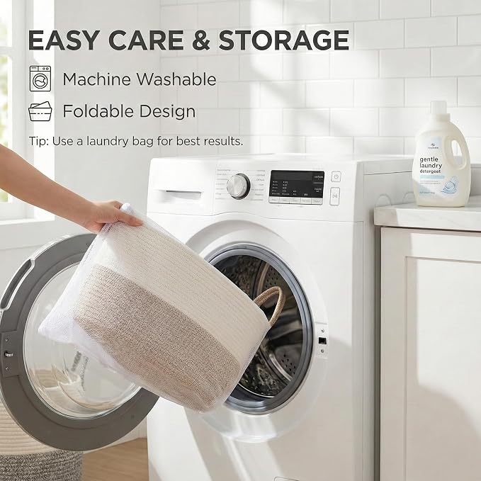 JMvicyroam 65L Extra Large Machine Washable Cotton Rope Blanket Basket | Collapsible laundry hamper, Reinforced handles, For blankets, pillows, toys and clothes, Living room and bedroom, White&Brown
