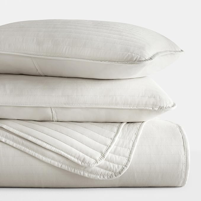 Merit Linens Modern Quilt Coverlet Soft Set in Stripe Stitching - King/Cal-King Natural