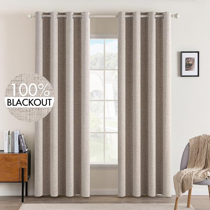 MIULEE 100% Blackout Linen Curtains for Bedroom 52x108 Inches Khaki | Room Darkening, Light Blocking, Thermal Insulated, Grommet Top, Linen Textured, Window Curtains for Living Room, 2 Panels
