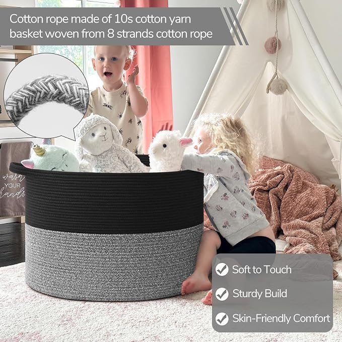 INDRESSME 115L Extra Large Woven Rope Blanket Basket Living Room Black Grey | 23.6" x 15.7" Storage baskets for toys laundry & pillows. Fits living room, bedroom or nursery décor. Soft-touch with handles