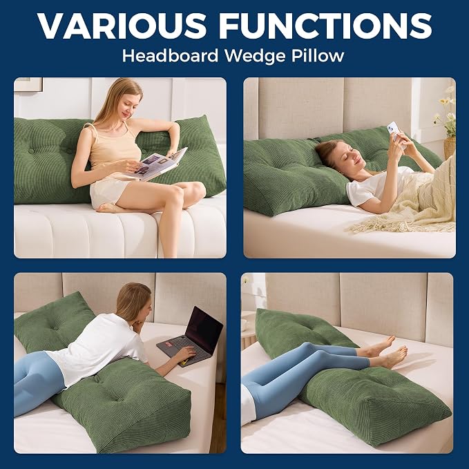Headboard Pillow King, Wedge Pillow Headboard, Forest Green | Triangle Backrest for Headboard, Bed Pillow for Sitting Up Reading Working, Removable Cover, Side Pockets, for Bed Dorm Sofa