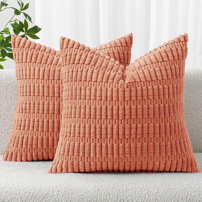 MIULEE Corduroy Decorative Throw Pillow Covers 18x18 Coral Pack of 2 | Soft Boho Striped Pillow Covers Modern Farmhouse Home Decor For Sofa Living Room Couch Bed