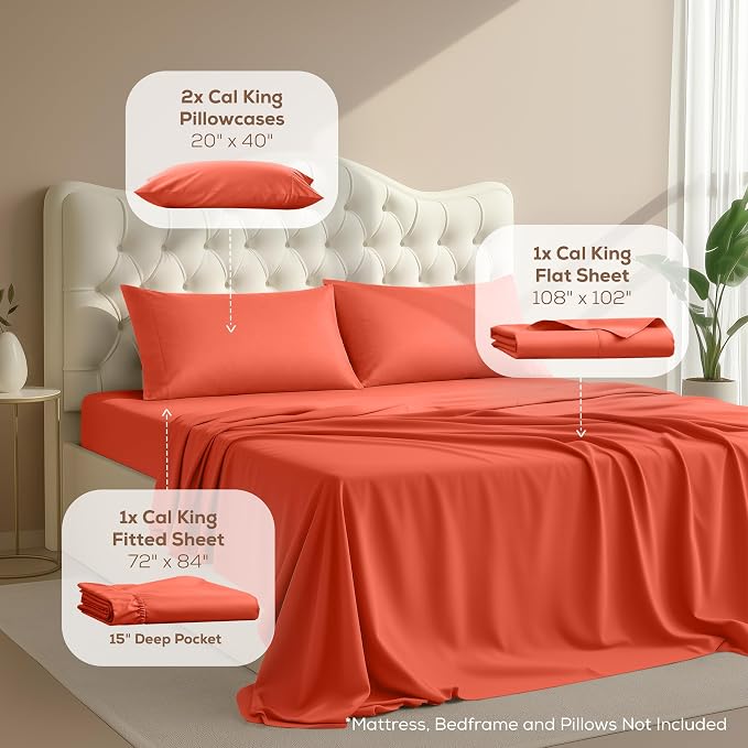 California King Sheets Set, 4 Pieces 16" Deep Pocket Bed Sheets, Coral | Extra Soft Bedsheet Set, Comfy & Breathable Cooling Sheets, Wrinkle & Fade Resistant, Fitted Sheet, Flat Sheet, 2 Pillowcases