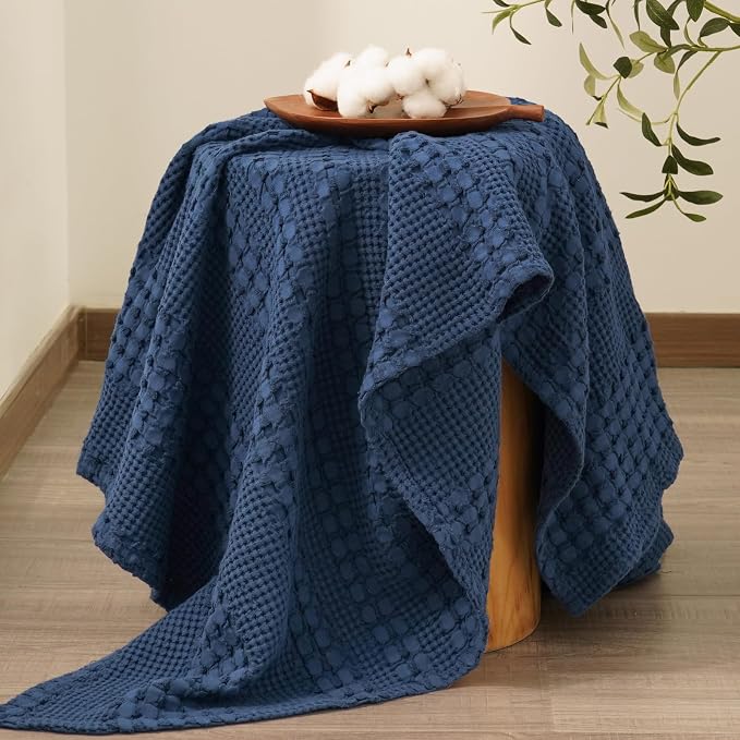 PHF Lightweight 100% Cotton Waffle Throw Blanket for Couch, Blue Sapphire | Pre-Washed Soft Cotton Comfort, Breathable Layering Warmth for Fall & Winter, Office, Travel, Sofa, Home Decor & Gifts