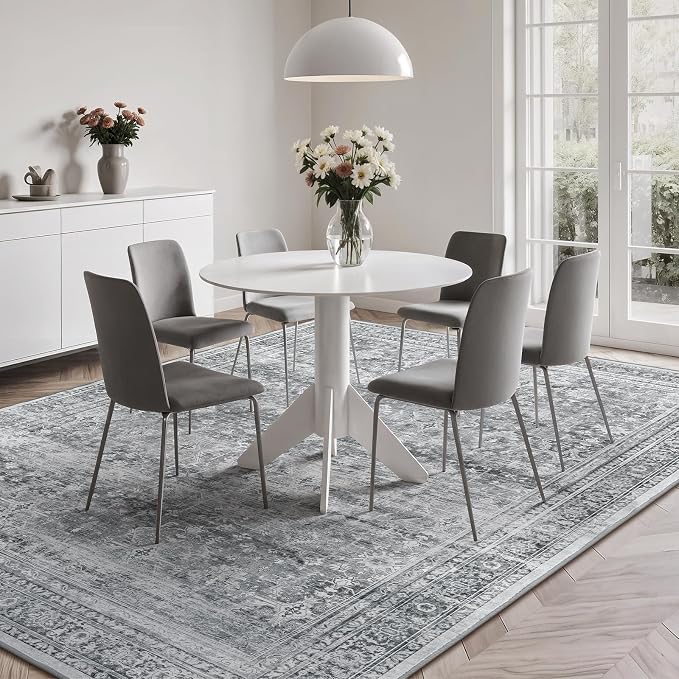 6x9 Area Rug for Living Room Bedroom, Non-Slip Washable Grey Carpet | Soft Neutral Rugs for Dining Room Home Office Indoor Nursery, Stain Resistant, Low Pile, Foldable, Vintage Distressed Rug