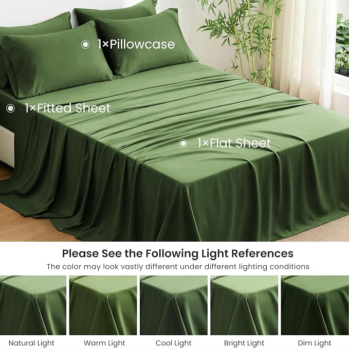 Love's cabin 3 Piece Twin Sheet Set, 100% Rayon Derived from Bamboo, Cooling & Breathable, Soft Silky Deep Pocket up to 16", Hotel Luxury Bedding for Hot Sleepers, Olive Green