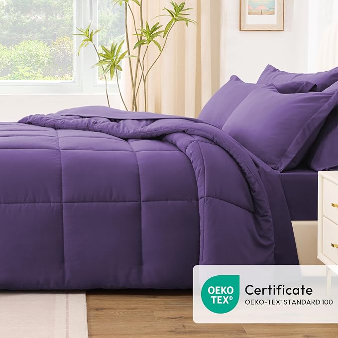 Love's cabin Queen Comforter Set Dark Purple, 7 Pieces Queen Bed in a Bag, All Season Bedding Sets with 1 Comforter, 1 Flat Sheet, 1 Fitted Sheet, 2 Pillowcase and 2 Pillow Sham