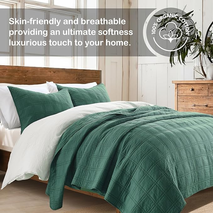 HORIMOTE HOME 100% Cotton Quilt Set King Size, Dark Green Pre-Washed Bedspreads Coverlet Set in Geometric Pattern, Cozy Lightweight Stitching Decorative Bedding Cover with 2 Shams for All Season