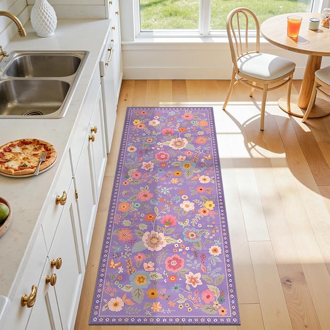 Floral Washable 2x5 Area Rugs Runner Entryway Hallway Purple/Pink | Flower Carpet, Print, Boho, Non-Slip, Easy to Clean, Low Pile, Soft, for Living Room Bedroom Kitchen Office Entrance