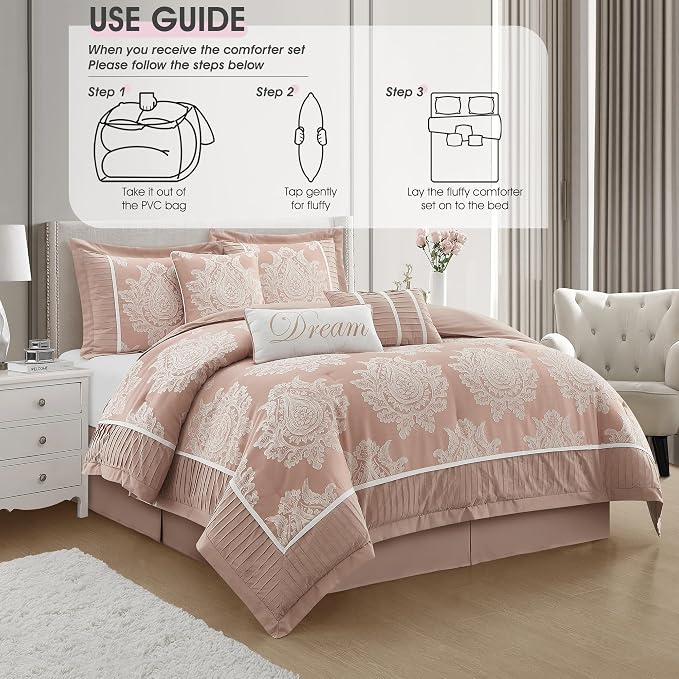 Blush King Size Comforter Set 7 Pieces, Jacquard Woven with Damask, Bedding Set in a Bag Includes Comforter, Bed Skirt, Pillow Shams, and Decorative Pillows
