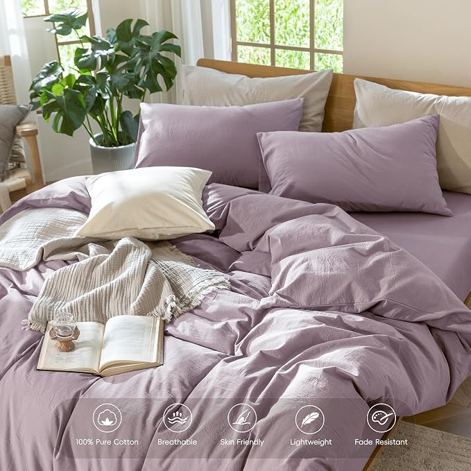 MooMee Duvet Cover Set 100% Washed Cotton Linen Like Oversized Queen | Relaxed Linen-like Texture. Soft, Breathable & Long-lasting Comfort. Lightweight. Hidden Zipper with 8 Interior Corner Ties