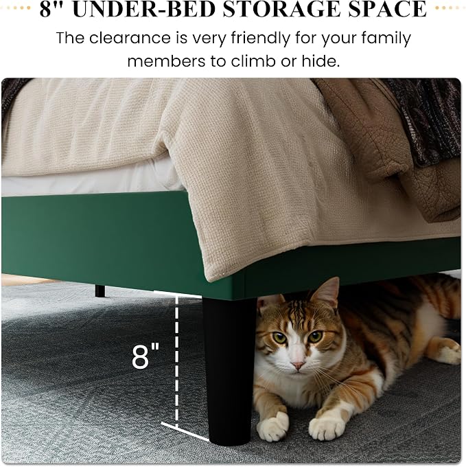 SHA CERLIN Queen Size Velvet Bed Frame, Tufted Wingback Headboard, Green | 47'' Modern Vertical Channel Headboard, Upholstered Platform Bed, Wood Slats, No Box Spring Needed, Easy Assembly, Noise Free
