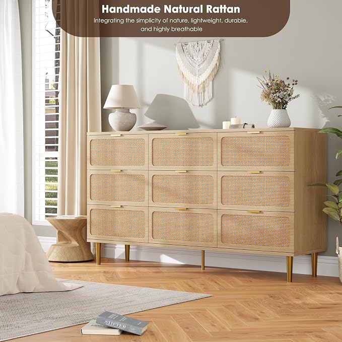 GarveeHome Rattan 9 Drawer Dressers for Bedroom, Deep Drawer, Natural | Tall Dresser, Wide Top, for Living Room, Hallway, Kids Room, Large Chest of Drawers for Closet, Long Wooden Dresser
