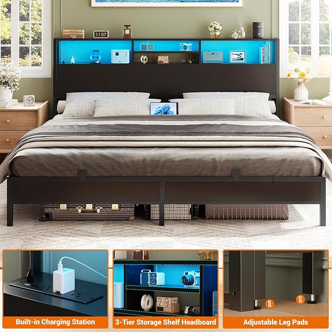 Aheaplus Headboard for King Size Bed with Storage, Headboards with Outlets | King Size Head Board Only, USB Ports and LED Light, Height Adjustable, Reversible, Sturdy and Stable Headboard, Black