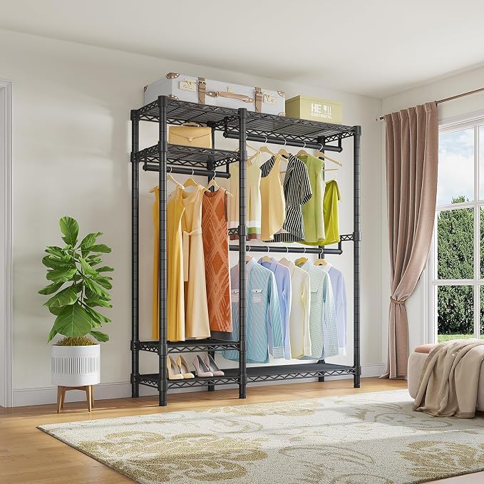 VIPEK V2 Heavy Duty Clothes Rack, Portable Metal Closet System, Black | Freestanding Wardrobe with 4 Tiers Adjustable Wire Shelving & 3 Hanging Rods Clothing Rack, Closet Organizer, Max Load 700LBS