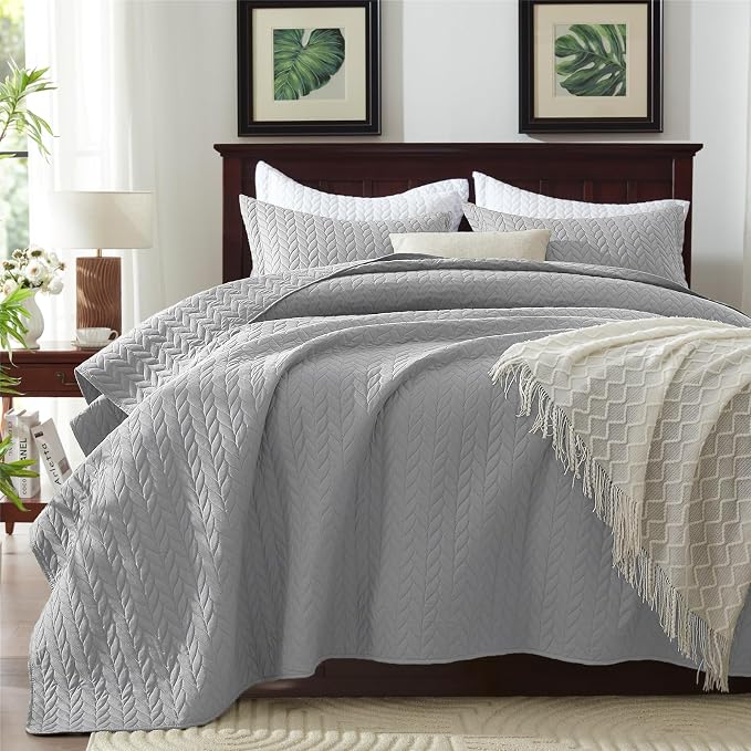 SunStyle Home Queen Quilt Bedding Set, Lightweight Bedspreads,Light Grey | Soft Coverlet With 2 Pillow Shams,Morden Style Quilts for All Season, Suitable for Bed,Couch,Bedroom,Guest Room,90"X96"