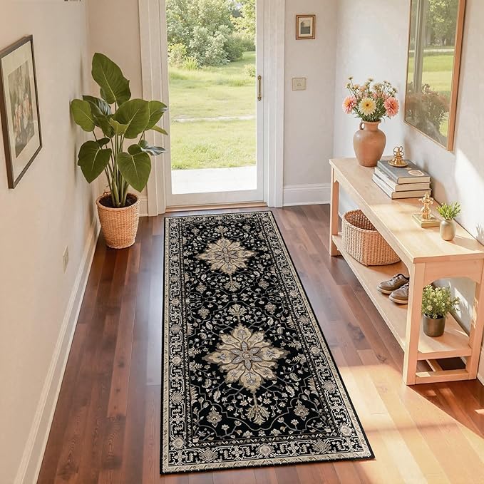 RELEANY Washable Area Rug, Runner 2'x6', Black/Neutral | Non-Slip, Water Repellent, Pet Friendly, Easy to Clean, Vintage Floral Boho Decor for Kitchen Entry Bedroom Bedside Laundry
