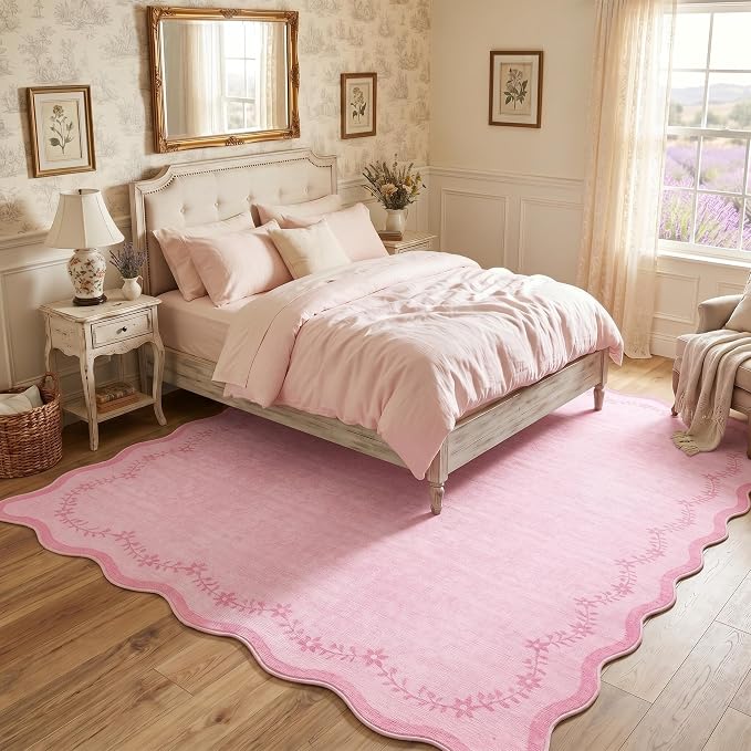 GarveeHome 5x7 Scalloped Area Rug Pink Washable Bedroom Living Room Rug | Soft Floral Low Pile Non Slip Accent Floor Mat Solid Print Throw Rug Indoor Carpet for Dining Room Dorm Playroom