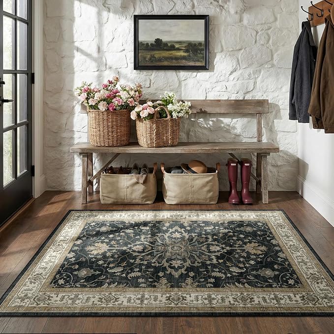 RELEANY Washable Area Rug, 3'x5', Black/Vintage/Beige | Non-Slip, Water Repellent, Pet Friendly, Easy to Clean, Vintage Floral Boho Decor for Living Room Bedroom Beside Kitchen