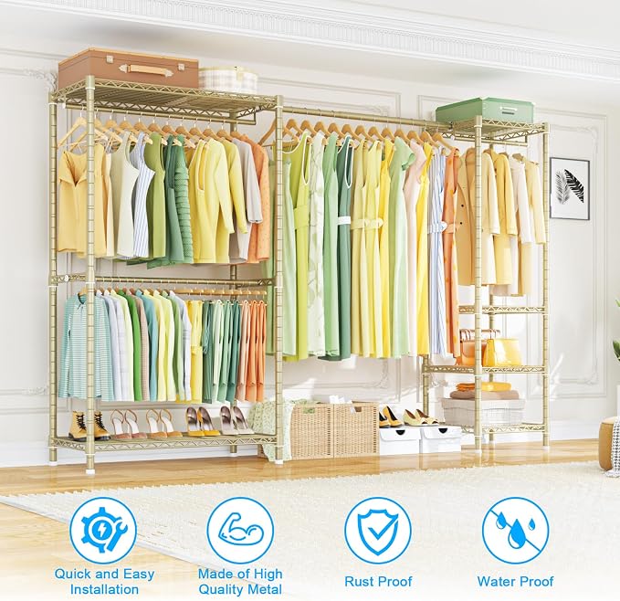 E10 Clothes Rack（With Stretchable Hanger Rod）Freestanding Clothing Racks for Hanging Clothes，Adjustable Closet Organizer System，Portable Garment Rack 73-97"W x 15" D x 72" H，Max Load 800LBS，Gold