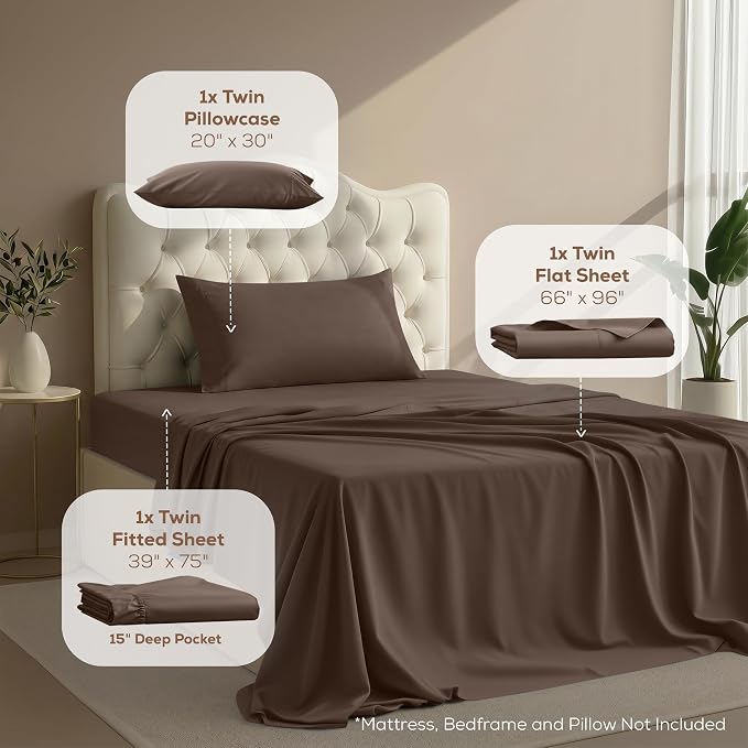 Twin Sheets Set, 3 Pieces 16" Deep Pocket Hotel Luxury Bed Sheets, Brown | Extra Soft Bedsheet Set, Comfy & Breathable Cooling Sheets, Wrinkle & Fade Resistant, Fitted Sheet, Flat Sheet, 1 Pillowcase
