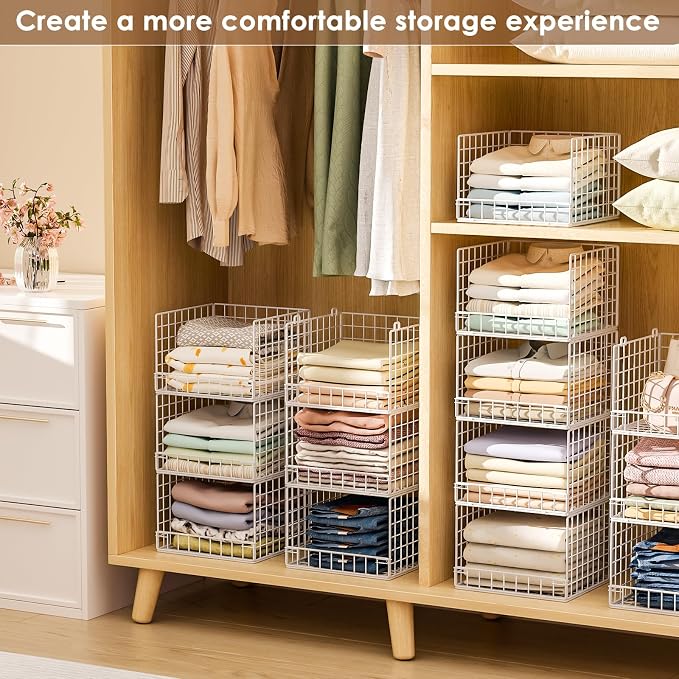 6-Tier Stackable Closet Organizers and Storage Baskets, Closet Shelf Organizer for Small Space, Space-Saving closet organizer system, Foldable Clothes Storage Bins for Closet Organizer System, White