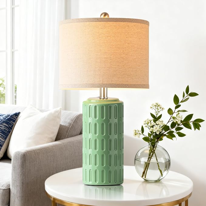 23" Farmhouse Modern Ceramic Table Lamp Set of 2 - Sage Green Bedside Lamps for Bedroom & Living Room, Nightstand, Desk, End Table