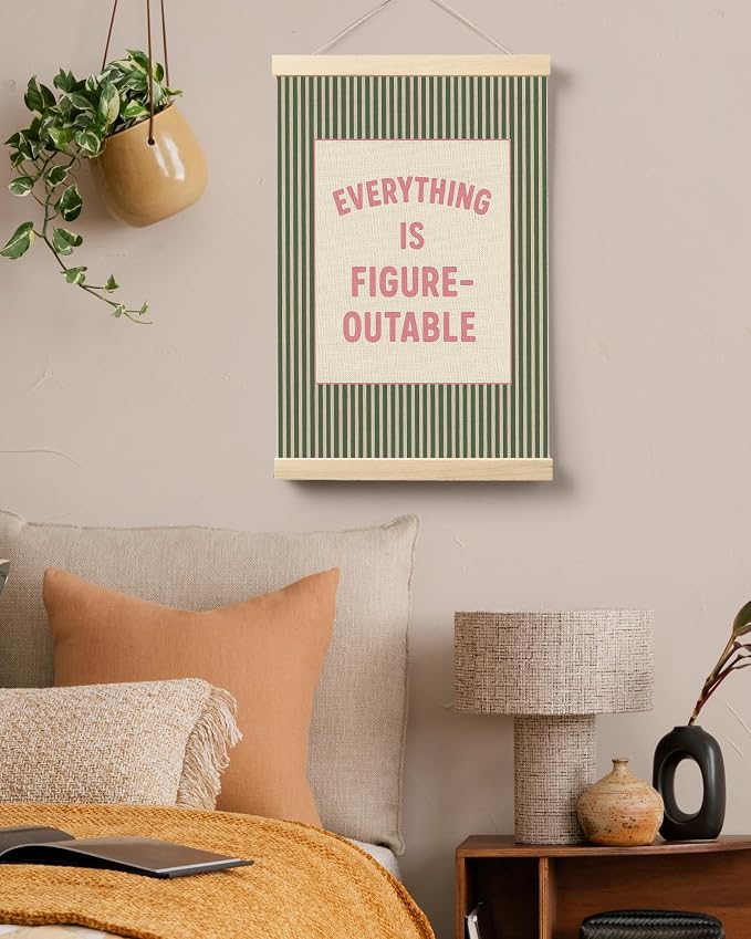 FGFK Positive Affirmations Wall Art Poster Hanger Frame 16x24 Inch | Retro Pink and Green Everything Is Figureoutable Canvas Prints Framed Wall Decor for Office Classroom Home Bedroom